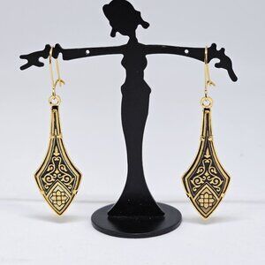 Vintage Damascene Dangle Earrings Gold Plated Spanish Damascene